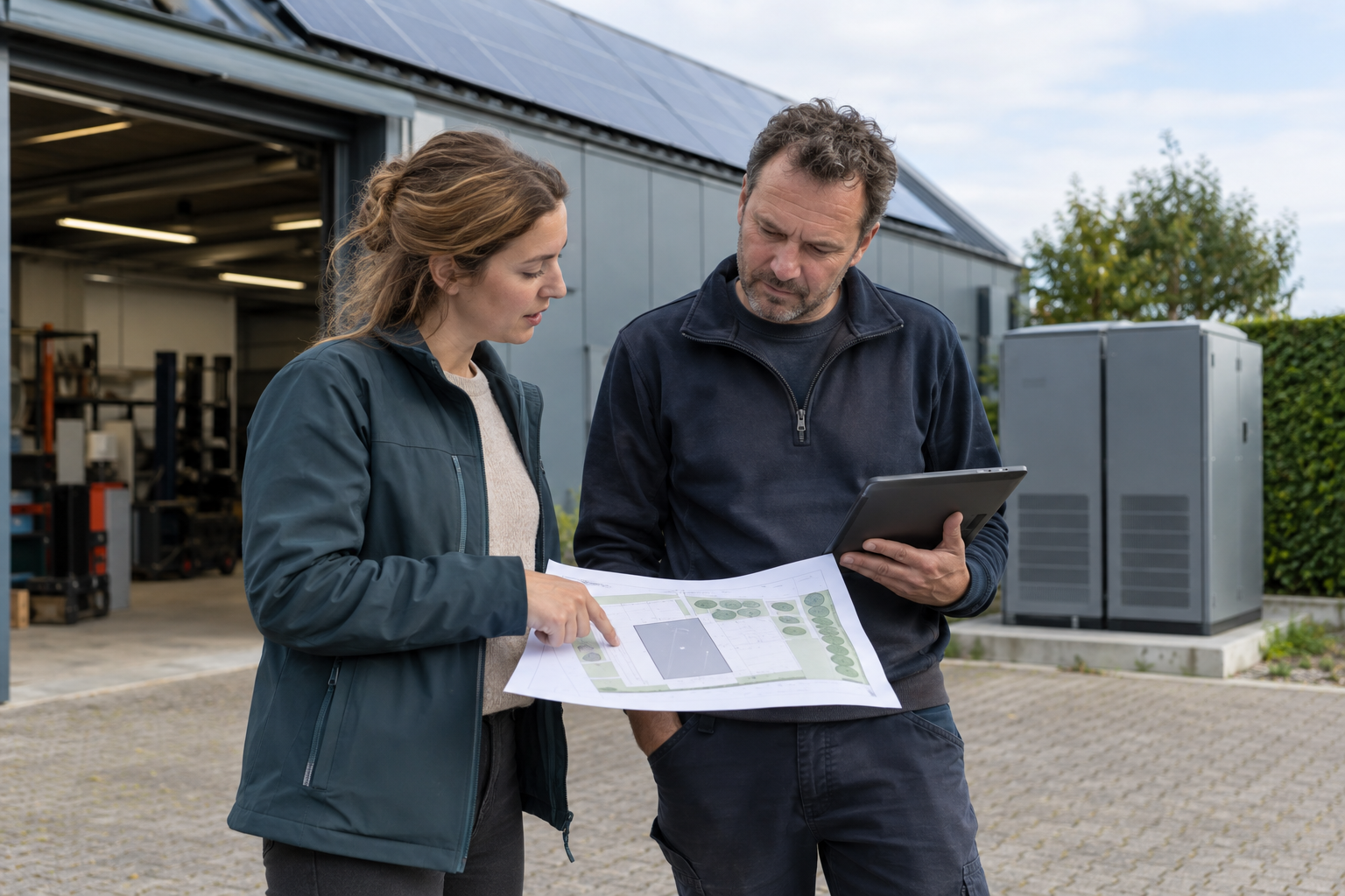 Beeldimpressie van een adviseur en ondernemer die de locatie van een batterij bespreken
