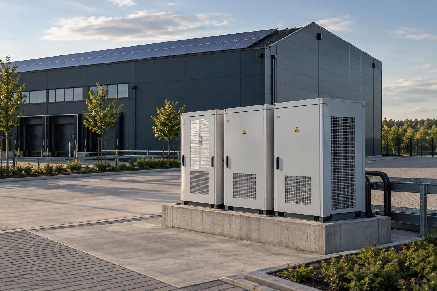 Illustratie van zakelijke batterijopslag naast een bedrijfspand met zonnepanelen