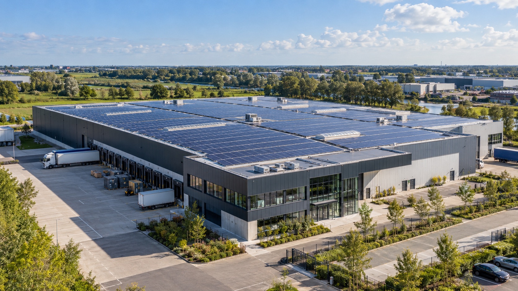 Beeldimpressie van een bedrijfspand met zonnepanelen op het dak
