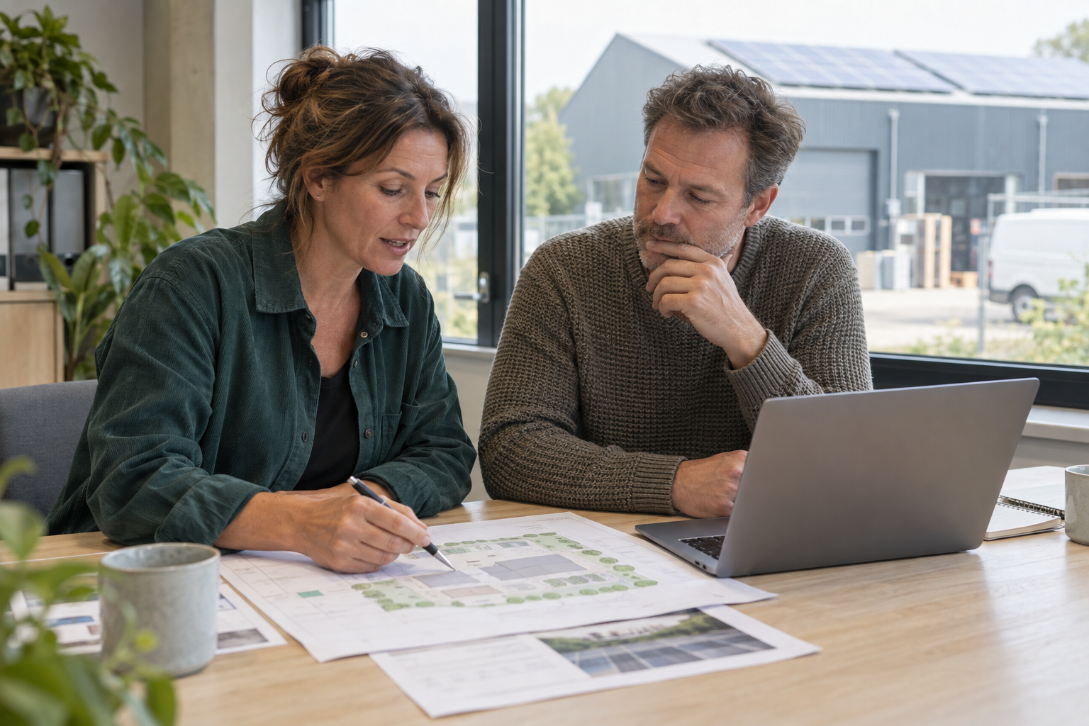 Beeldimpressie van een ondernemer en adviseur die samen een energieplan bespreken