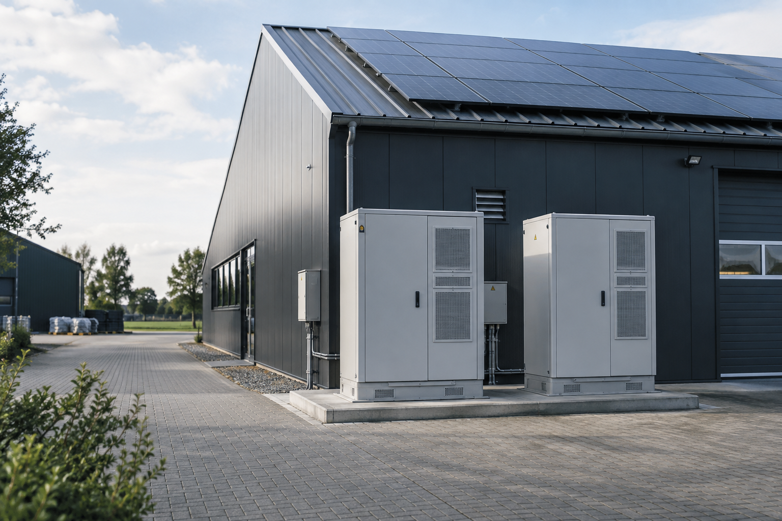 Beeldimpressie van zakelijke batterijopslag bij een bedrijfspand met zonnepanelen