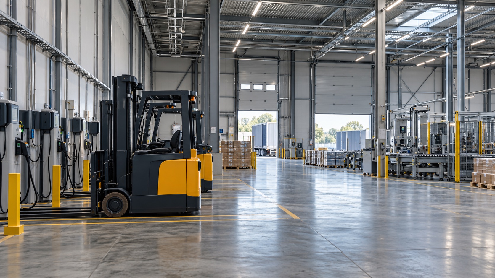 Beeldimpressie van een zakelijke werkomgeving met elektrische heftrucks en machines